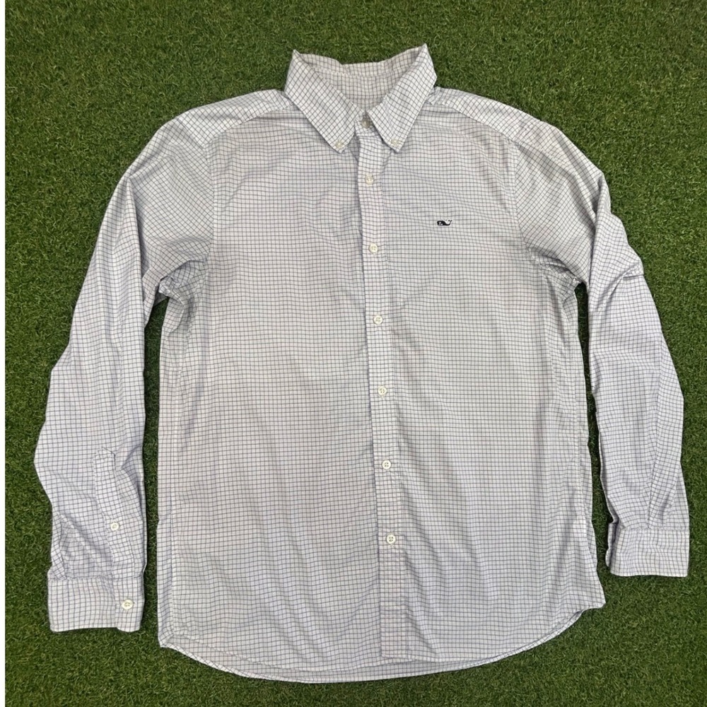 Vineyard Vines Performance Classic Fit Whale Shirt Blue White Grid Check Mens M